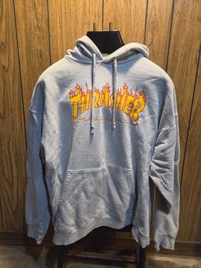 Thrasher Gray Hoodie with Orange & Yellow Flame Logo Large